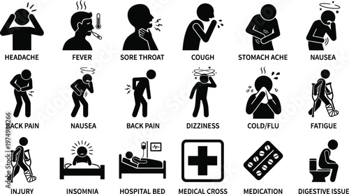 Vector graphic illustration of common medical symptoms and health issues