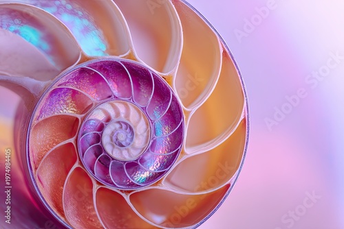 Nautilus Shell: A detailed macro captures the mesmerizing spiral of a nautilus shell, highlighting the intricate patterns and natural beauty of its iridescent interior.