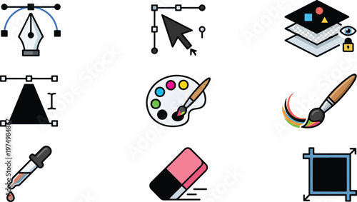 Graphic design tools, vector icons, colorful illustration set, creative symbols