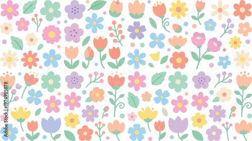 Colorful floral pattern, pastel flower border, vector seamless design, decorative botanical illustration