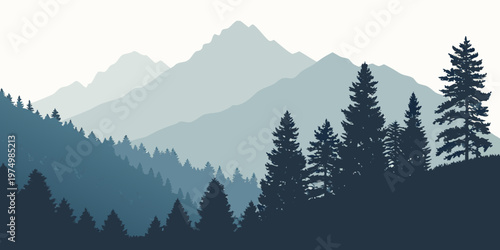 Evergreen forest with snow-capped mountain peak in the distance