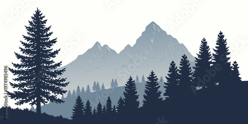 Majestic pine trees towering against a snowy mountain backdrop