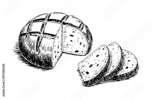 Hand Drawn of a Round Loaf of Bread with Slices White Background food baking