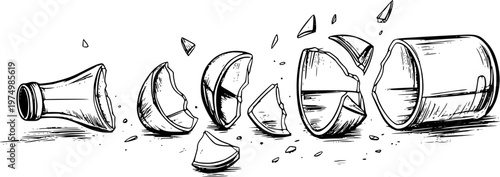 Hand Drawn of a Shattered Glass Bottle a White Background broken fragments
