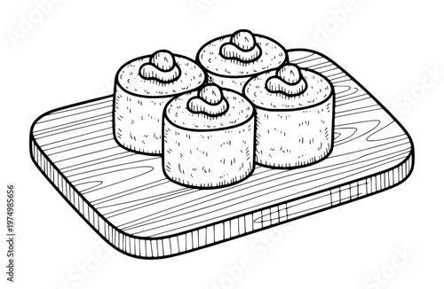 Hand drawn of maki sushi rolls with topping a wooden board food japanese