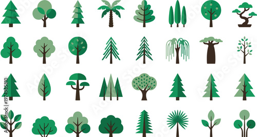 Tree icons, green forest trees, vector illustrations, 25 tree graphics