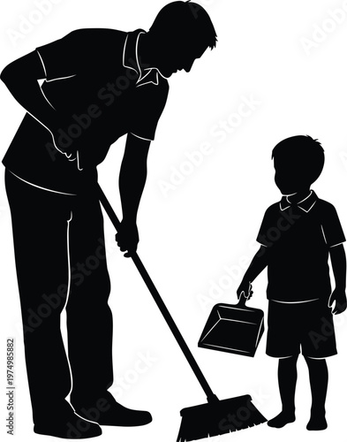 Father Teaching Child Cleaning Floor Silhouette Vector Illustration Parenting Household Activity Minimal Family Care Design Isolated on White Background for Lifestyle Graphics