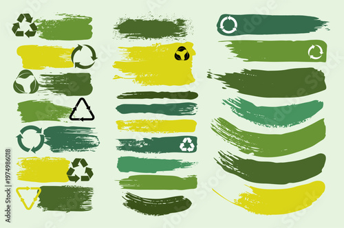 Eco straight brush tags with recycling logo. Green highlight marker stripes. Bio underline with bold brush strokes. Vector organic label shapes, long rectangular smears with hand drawn grunge texture.
