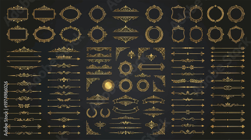 Golden Ornate Vector Borders, Frames, and Elements, 40 Decorative Illustration Set