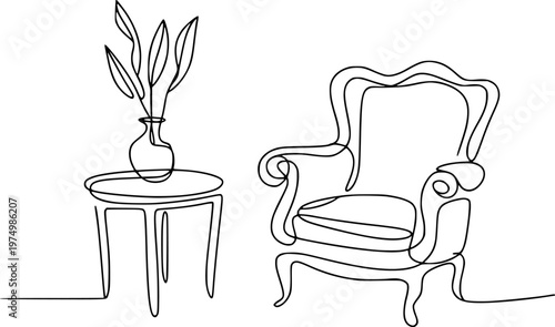 Single line of an ornate armchair and a small table with a vase of leaves plant