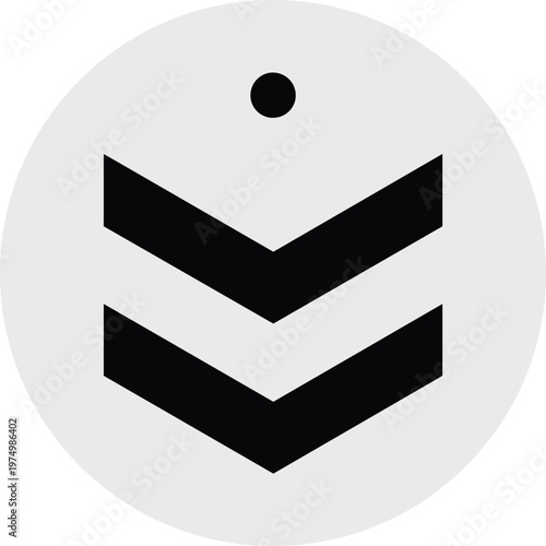 Minimalist black icon featuring a dot and two downward chevrons within a white circular background, resembling a rank insignia or UI element.