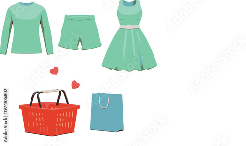 Women Fashion Clothing Collection with Dress, Top, Shorts, Shopping Basket and Bag Illustration, Casual Outfit Style and Retail Lifestyle Concept Design