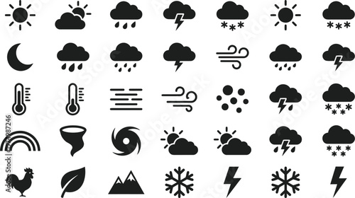 Fotografi Weather forecast icons including sun, clouds, rain, snow, and temperature symbol