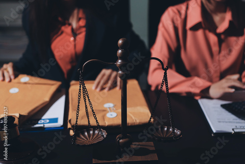 Konstfotografi Consultation and conference of professional businesswoman and Male lawyers working and discussion having at law firm in office