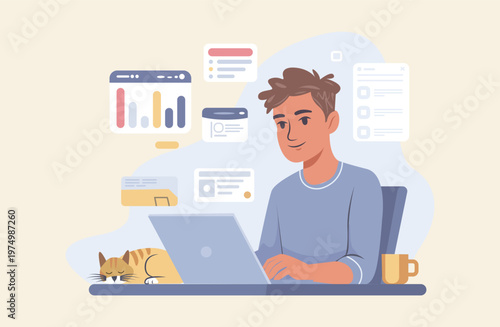 Young Freelancer Working on Laptop at Home with Analytics Dashboard, Remote Work Lifestyle Illustration