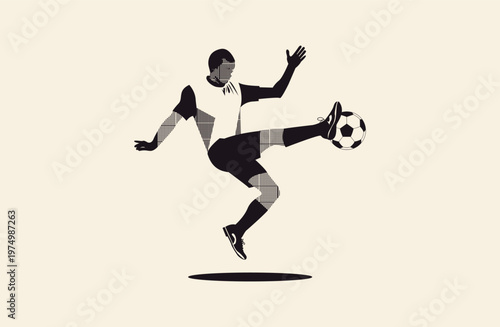 Dynamic Soccer Player Silhouette Performing Mid Air Kick with Ball, Modern Minimal Vector