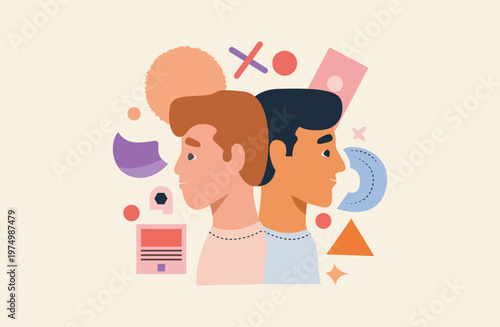 Two Young Boys Surrounded by Creative Objects and Ideas, Cartoon Illustration of Kids with Learning Elements