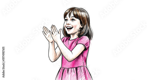 Happy little girl clapping hands, excited expression, isolated on white background