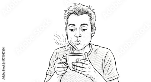 Man blowing on hot coffee cup, steam rising, enjoying morning beverage