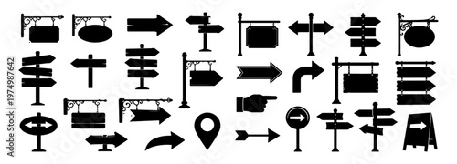 Direction arrows icon set illustration isolated on white background, Direction board icon vector set, Street sign icons set, signpost, signboard, arrow, location, symbol, sign, icon