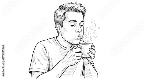Man blowing on hot coffee mug, enjoying warm beverage, black and white sketch