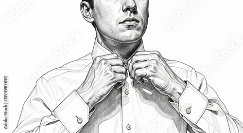 Man buttoning white dress shirt collar, close-up, formal attire, preparing for event