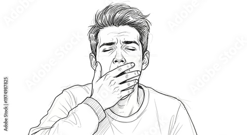 Man yawning, covering mouth with hand, sketch drawing, tired expression