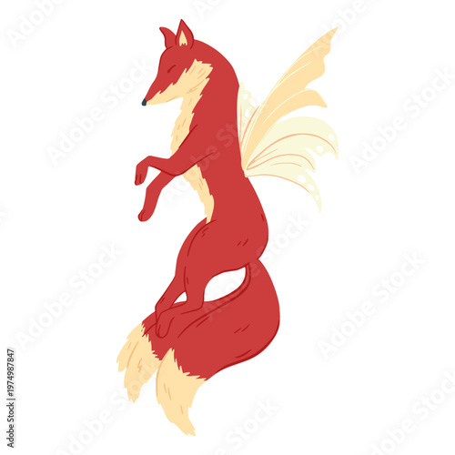 Red fox flying with wings