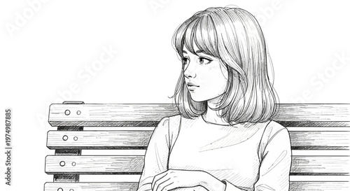 Pensive young woman with bangs sitting on a wooden bench, looking away