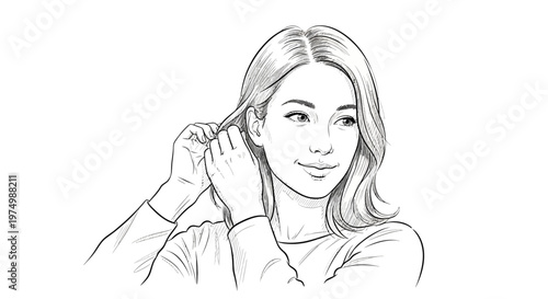 Woman's sketch of tucking hair behind ear, looking away with a smile