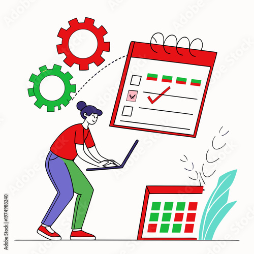 Woman using laptop for scheduling and task completion with gears schedule calendar completion efficiency planning
