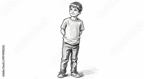 Young boy in jeans and t-shirt standing with hands behind back, looking up.