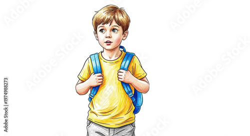 Young boy with backpack ready for school, looking up curiously