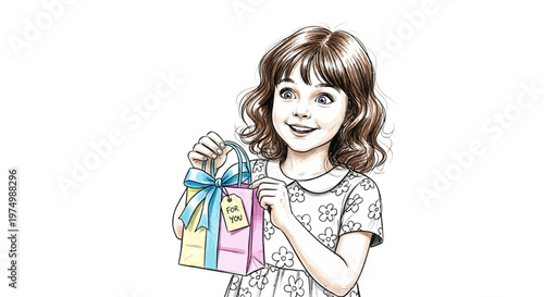 Young Girl Happily Receives a Gift Bag with a Blue Bow