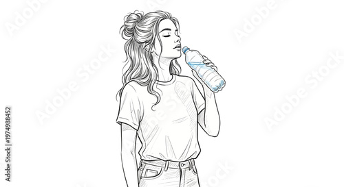 Young woman drinking water from a bottle, sketch style, isolated on white