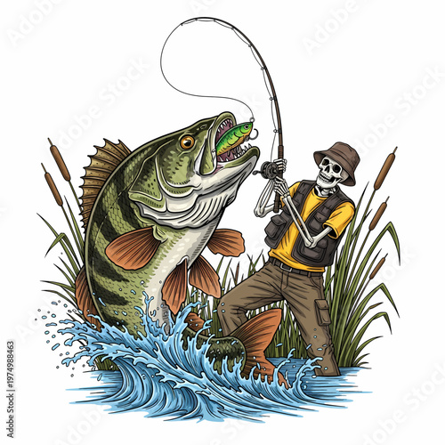 Skeleton fisherman catching a large perch fish in the lake with vintage woodcut style illustration