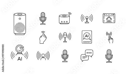A set of minimalist icons representing voice assistants and smart speakers