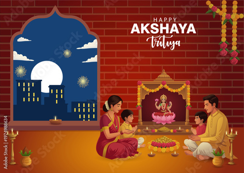 Happy Akshaya Tritiya Celebration Scene with Family Performing Puja and Lakshmi Illustration