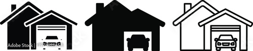 Residential house with garage icon set for real estate marketing and home car parking storage silhouette.