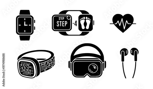 A set of modern wearable technology and health monitoring icons in a flat design style