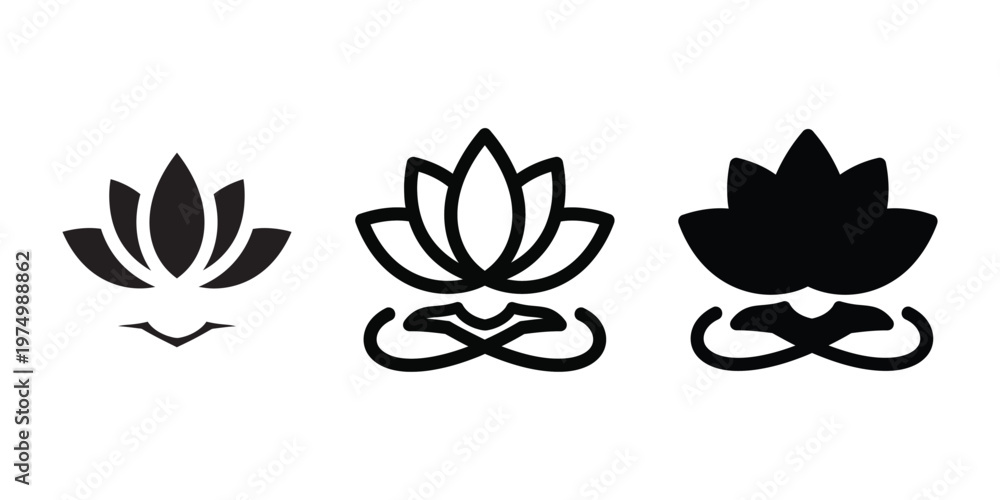 Fototapeta premium Lotus Flower Icon Set for Yoga and Meditation Logo Design Featuring Minimalist Line Art and Silhouette Symbols.