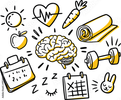 Health and wellness illustration, hand-drawn doodle with brain heart apple carrot dumbbell sun checklist informal sketch style isolated on white