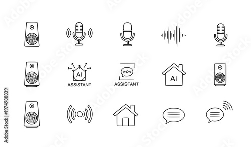 A set of minimalist icons representing smart home voice assistants and audio technology