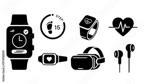 A set of modern wearable technology and health icons in a flat design style