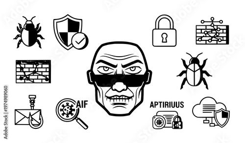 A vector graphic illustration of cybersecurity icons and a masked face