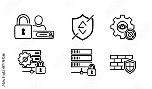 A set of six line art icons depicting various cybersecurity and protection concepts