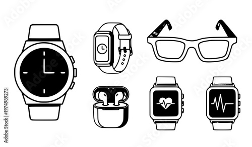 A set of modern wearable technology and accessory vector icons