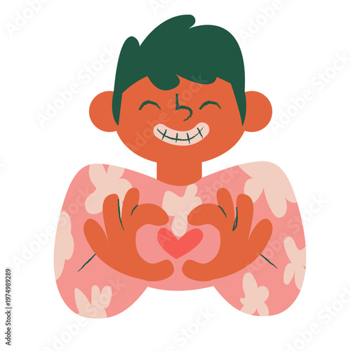 Boy character doing heart hand sign