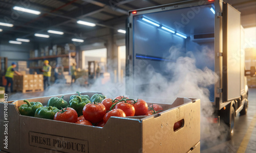Fresh Produce Delivery with Refrigerated Truck and Vegetables in Cold Chain Warehouse Logistics