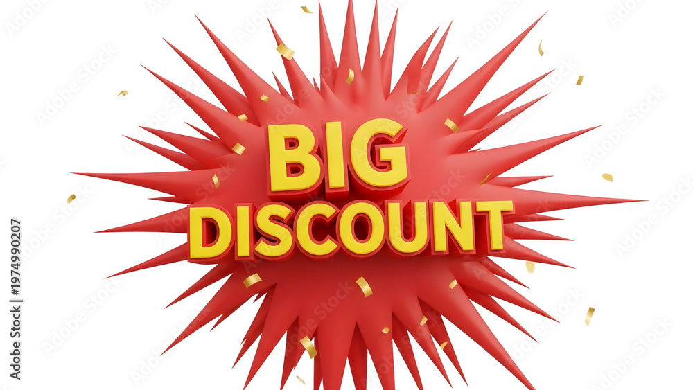 Naklejka premium A big discount sign with yellow text on a red starburst shape on transparent background